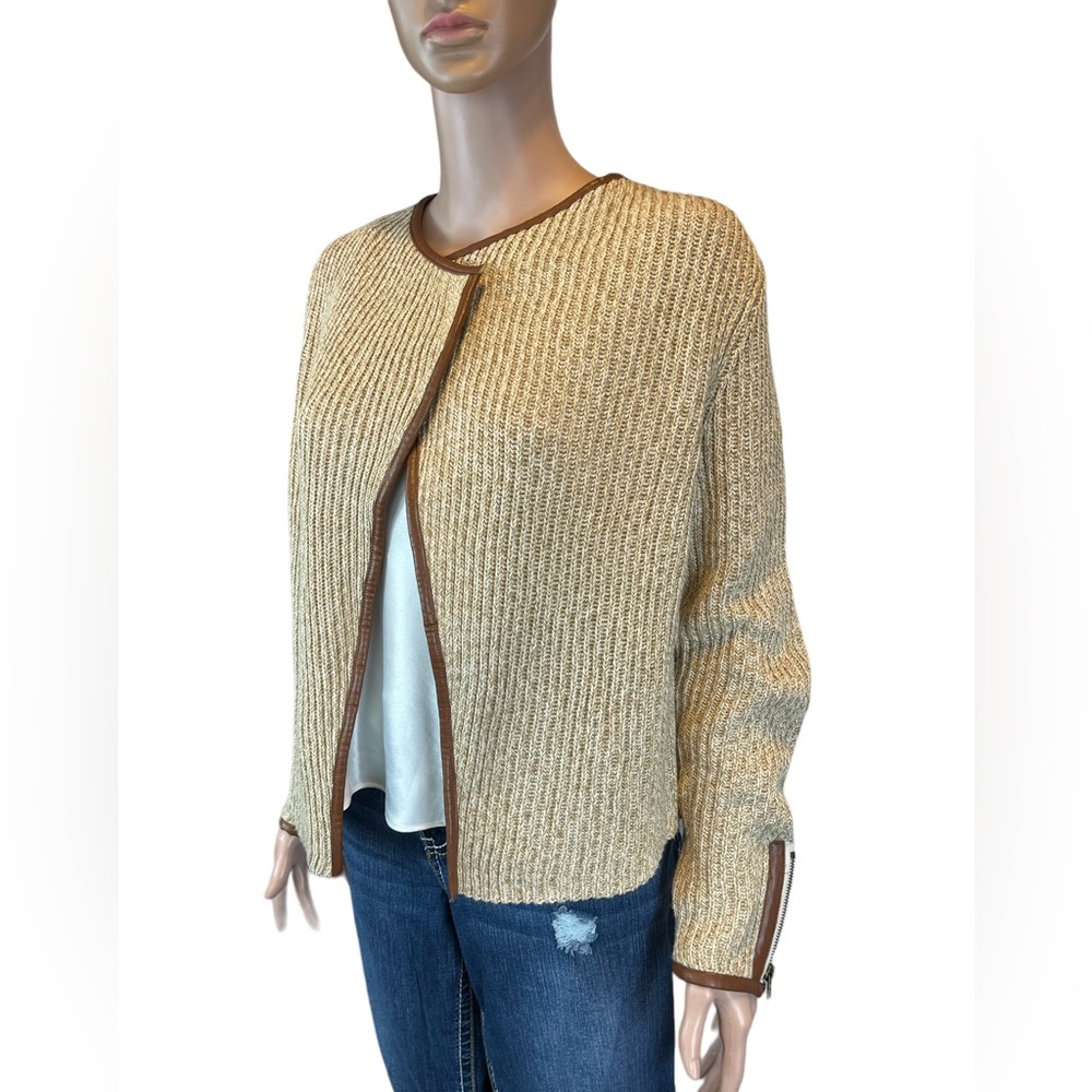 NWOT Lucky Brand Open Faux Leather Edged Sweater, Browns |M - Picture 2 of 15